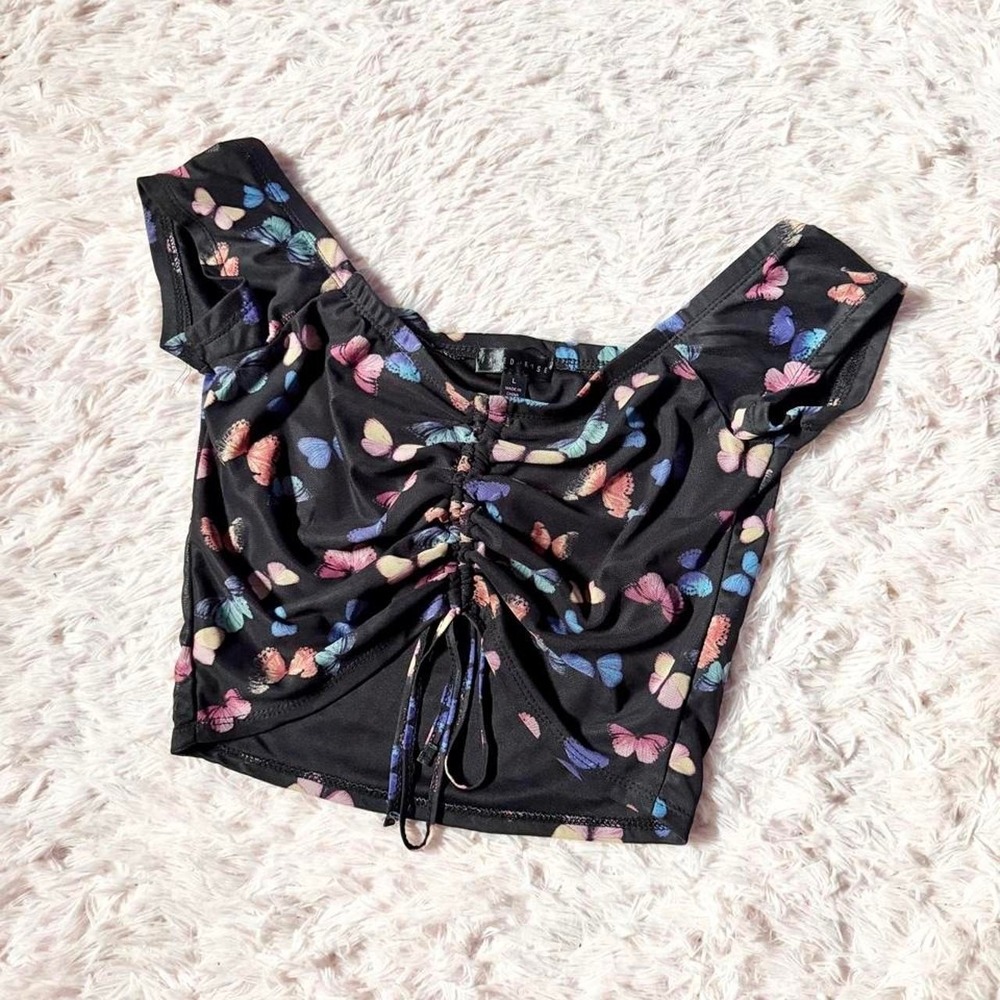 Y2K 90s Grunge Emo Butterfly Ruched Mesh Crop Top Womens L Witchy Dark Fairy